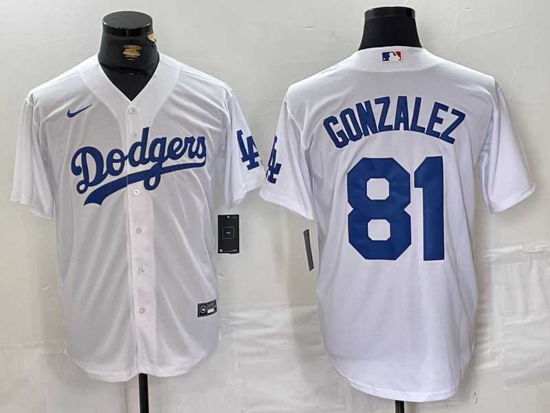 Mens Los Angeles Dodgers #81 Victor Gonzalez White Cool Base Stitched Baseball Jersey